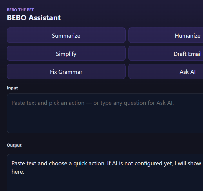 BEBO Assistant Panel UI — showing 6 AI action buttons, input and output areas